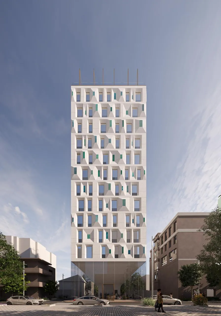 Rendering of the Novotel Tirana Centre front in daylight, with deep window frames and a glass lobby