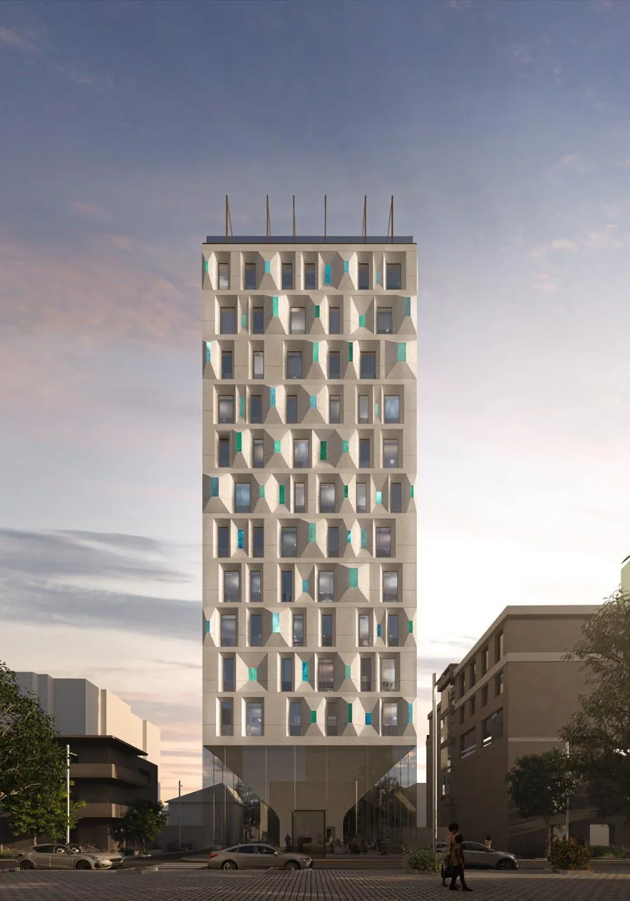 Rendering of the Novotel Tirana Centre front at dusk, with lit windows